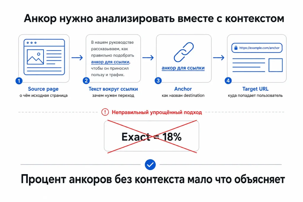 Анкорный текст внешней ссылки: exact, partial, бренд и URL без «идеальных процентов»